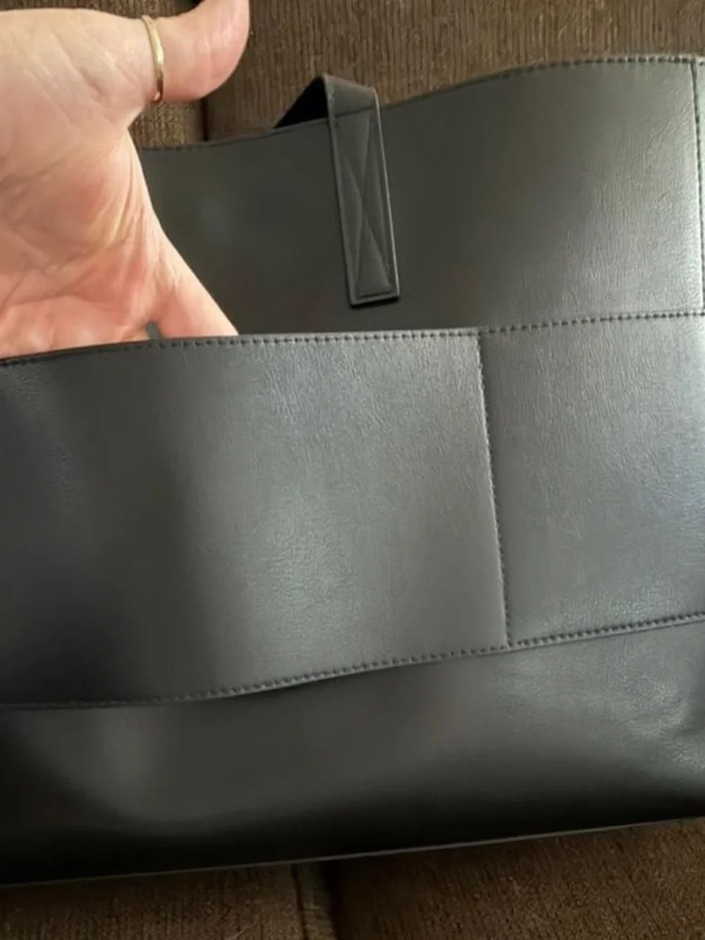 Calpak Black Leather Laptop Tote with Wide Shoulder Strap